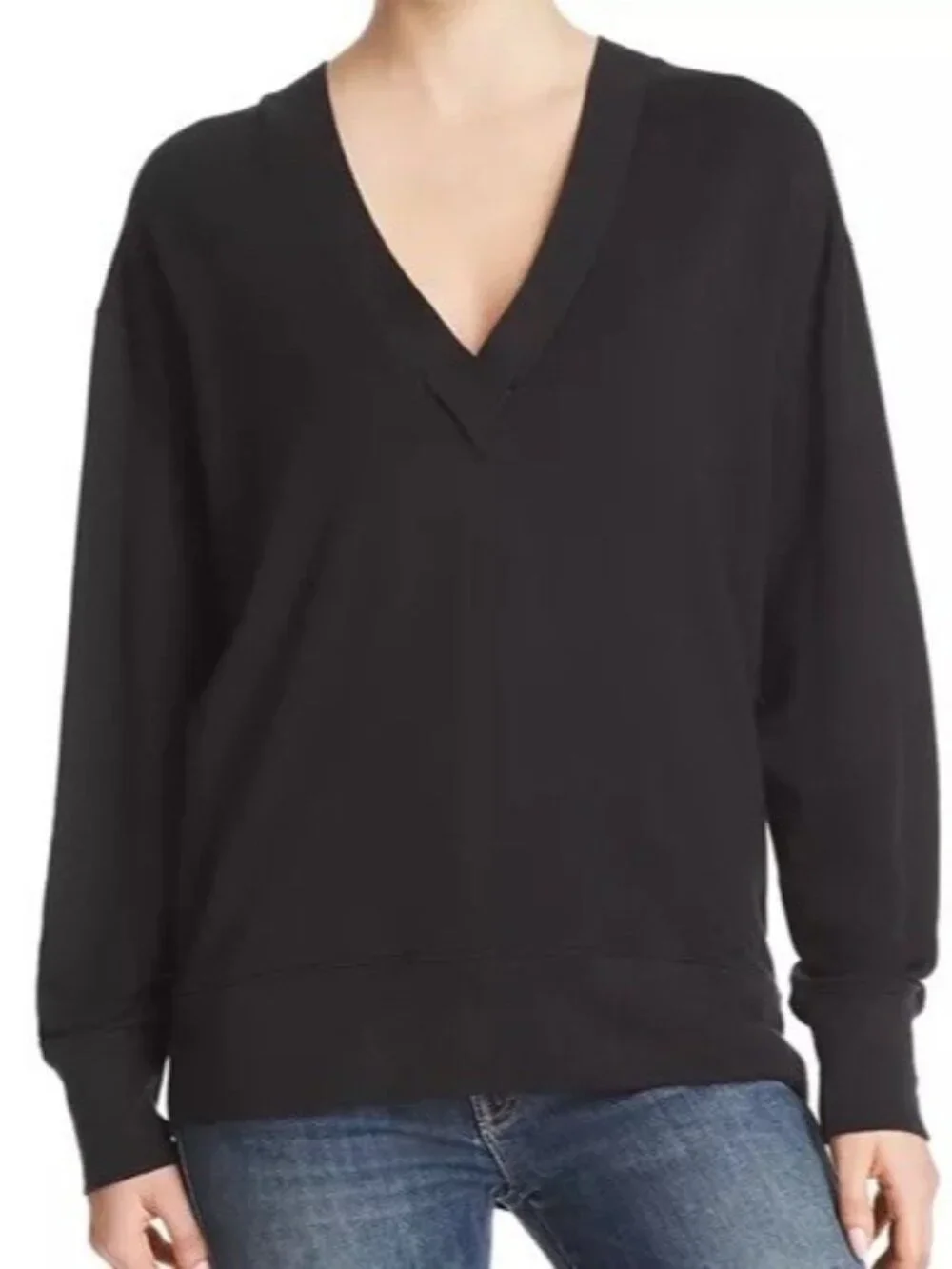 Rag & Bone V Neck Sweatshirt Size Large Women’s Black Flora Pullover Stretch - Picture 1 of 10